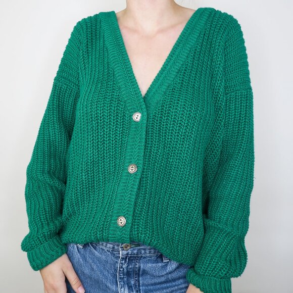 Vintage 80s Green Chunky Knit Cardigan Sweater - Picture 2 of 6